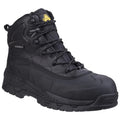 A black waterproof boot designed for outdoor use features a robust sole and a protective toe cap with laces for secure fitting, suitable for various rugged environments.