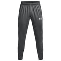 Gray athletic pants stand upright showcasing an elastic waistband and tapered legs with side pockets and a logo visible on the lower part, suitable for sports or casual wear.