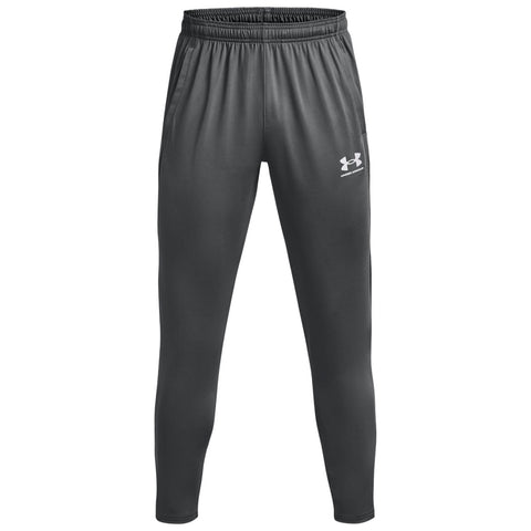 Gray athletic pants stand upright showcasing an elastic waistband and tapered legs with side pockets and a logo visible on the lower part, suitable for sports or casual wear.