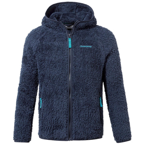 A dark navy fuzzy fleece jacket with a hood is displayed unzipped and hanging in a neutral setting showcasing its soft texture and contrasting turquoise zipper and pocket accents.