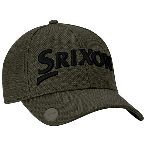 A green baseball cap with a textured surface features a large black embroidered logo that reads Srixon displayed prominently on the front, suitable for outdoor activities or sports.