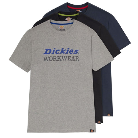 Three T-shirts in varying colors stacked from front to back gray at the front dark blue in the middle and black at the back against a white background