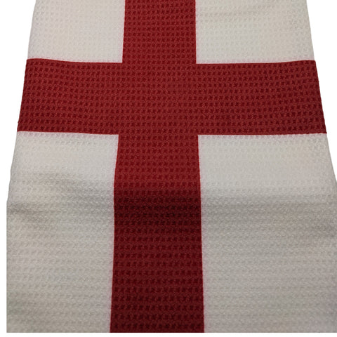 A white fabric featuring a prominent red cross is displayed. The textured surface adds depth, creating a clear visual of the cross symbol, often associated with England.