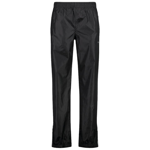 Black waterproof pants hang vertically with an elastic waistband and adjustable cuffs at the ankles designed for outdoor activities in wet conditions showcasing a sleek and functional design.