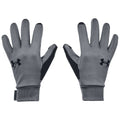 Gray gloves with a black Under Armour logo are displayed with fingers extended. They are designed for outdoor activities, featuring a stretchy material for comfort and grip.