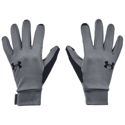 Gray gloves with a black Under Armour logo are displayed with fingers extended. They are designed for outdoor activities, featuring a stretchy material for comfort and grip.