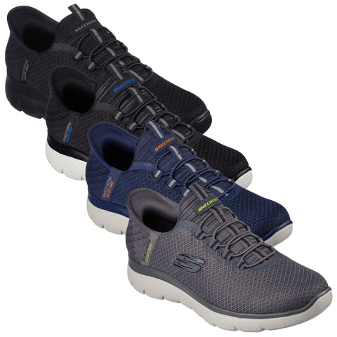 Four pairs of Skechers shoes are arranged in a row each with a different color scheme featuring black gray and navy designs showcasing a sporty and casual aesthetic