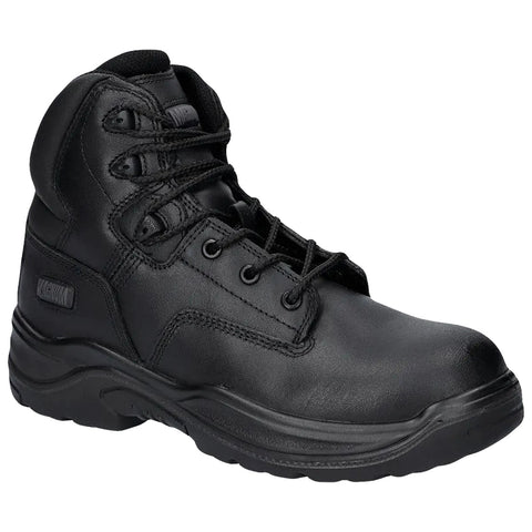 A black leather boot with a sturdy sole is positioned upright its laces are tied securely showcasing a rugged design suitable for work or outdoor environments.