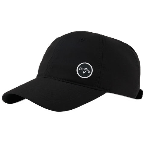 Callaway Ladies High Tail Cap A black cap is positioned with its visor angled forward displaying a circular white logo that reads Callaway suggesting a context related to sports or outdoor activities.