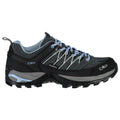 A dark gray waterproof hiking shoe with a textured surface features light blue laces and detailing designed for outdoor activities and rugged terrain. It has a robust, patterned sole for traction.