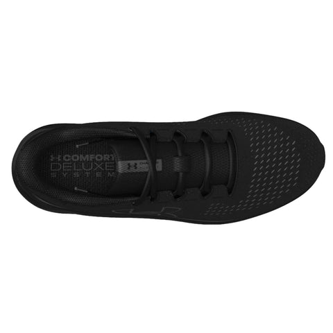 A black athletic shoe is displayed from above with a breathable mesh design and lacing system it features a comfortable interior labeled with Comfort Deluxe System in a minimalistic context.