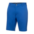 Bright blue golf shorts are displayed frontally featuring a button closure and pockets designed for athletic wear within a neutral background emphasizing the garment's design.