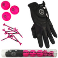 A black golf glove rests beside three pink golf balls and several pink golf tees in a tube labeled SuperTubes Zero Friction, indicating a golf-related context for playing or practicing.