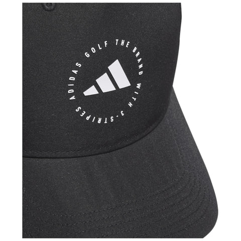 A black cap features a circular logo with an upward-pointing triangle and the text "ADIDAS GOLF THE BRAND WITH 3 STRIPES" surrounding it, suggesting branding for golf apparel.