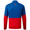 A long-sleeved polo shirt in blue and red fabric is displayed facing away from the viewer showcasing a high collar and an FJ logo at the back neckline.