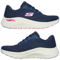 A pair of navy blue athletic shoes sits upright showing a mesh upper and cushioned sole with features labeled as ArchFit visible on the side in pink and white.