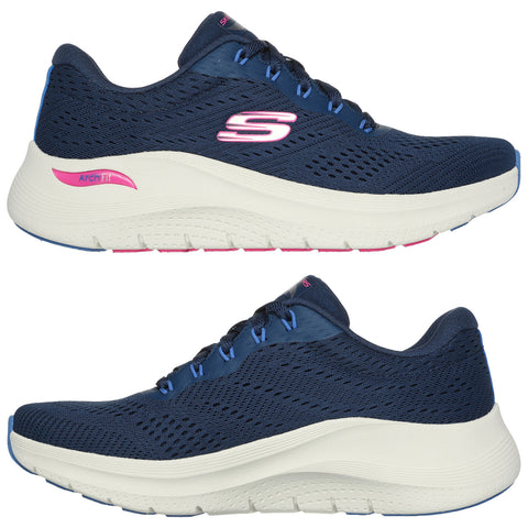 A pair of navy blue athletic shoes sits upright showing a mesh upper and cushioned sole with features labeled as ArchFit visible on the side in pink and white.