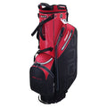 A red and black golf bag stands upright featuring multiple pockets and straps designed for carrying. It includes branding and compartments for storing golf clubs and accessories.