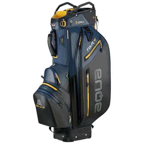 A golf bag stands upright with a sleek design featuring navy and black colors. It has multiple zippered pockets and a handle, suitable for carrying golf equipment during play.