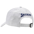 A white baseball cap rests with the back facing forward displaying the embroidered word Srixon in navy blue against a smooth fabric background showcasing a simple design and adjustable strap.