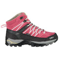 A pink waterproof hiking boot is displayed featuring a high top design with gray and white accents the boot is set against a plain white background.