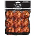 A mesh bag contains nine orange golf practice balls labeled as Callaway HX-Practice Balls designed for soft flight simulating true ball flight suitable for golf practice