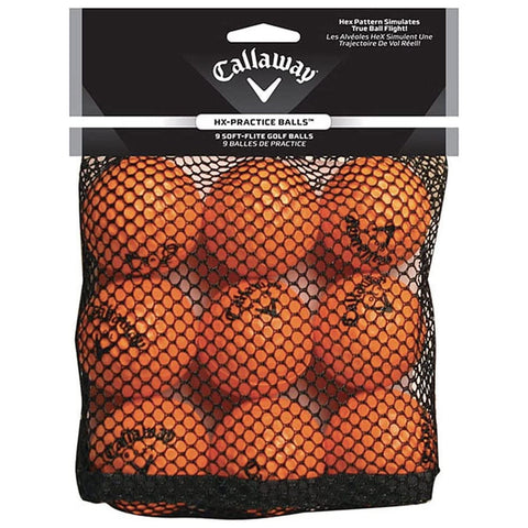 A mesh bag contains nine orange golf practice balls labeled as Callaway HX-Practice Balls designed for soft flight simulating true ball flight suitable for golf practice