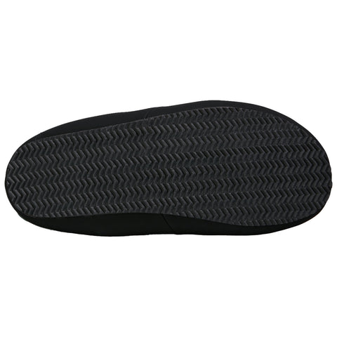 A black shoe sole is presented facing upwards with a textured rubber surface designed for grip creating a functional object in a neutral setting.