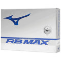 A rectangular box featuring a blue logo and text promotes the RB MAX golf ball emphasizing max speed and performance set against a silver background. The design appears sleek and modern.