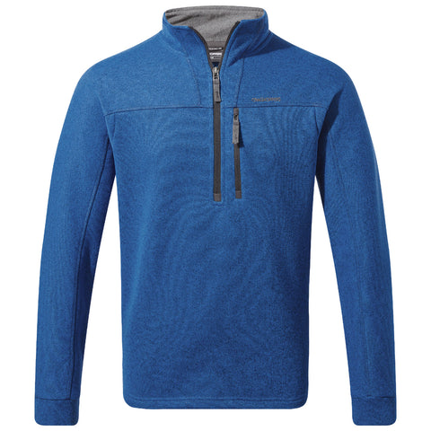 A blue quarter-zip pullover is presented with a gray inner collar featuring a zipper and black zipper pulls showcasing its soft texture and casual design suitable for outdoor activities.