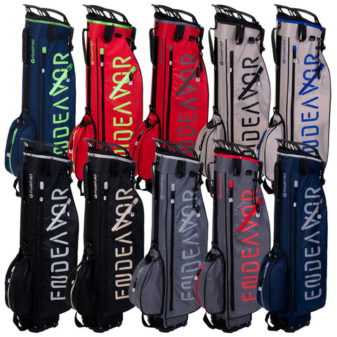 Golf bags in various colors and designs are arranged in two rows against a neutral background showcasing their features and branding while indicating their purpose for carrying golf equipment