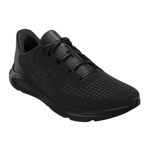 A black athletic shoe is positioned diagonally with laces arranged neatly. The shoe features a textured surface and logo, suggesting it is designed for performance and active use.