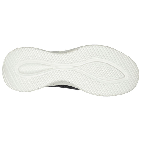 A shoe sole with a textured white rubber base displaying a unique wave pattern is positioned against a plain light background, showcasing its design and material details.