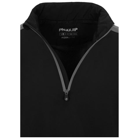 A short-sleeved black shirt with a zippered neck features grey accents on the shoulders and sides designed for comfort and possibly outdoor activity in various weather conditions.