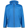 Bright blue jacket hangs fully zipped with a hood and two side pockets in a neutral setting emphasizing its lightweight design and outdoor suitability