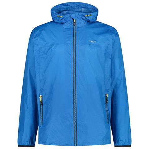 Bright blue jacket hangs fully zipped with a hood and two side pockets in a neutral setting emphasizing its lightweight design and outdoor suitability