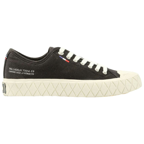 A black canvas sneaker with white laces and a textured white sole is displayed on a plain background featuring branding and color accents that hint at French heritage.