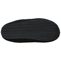 A black shoe sole is displayed with a patterned tread surface showcasing its grip design emphasizing functionality and durability against a plain white background.