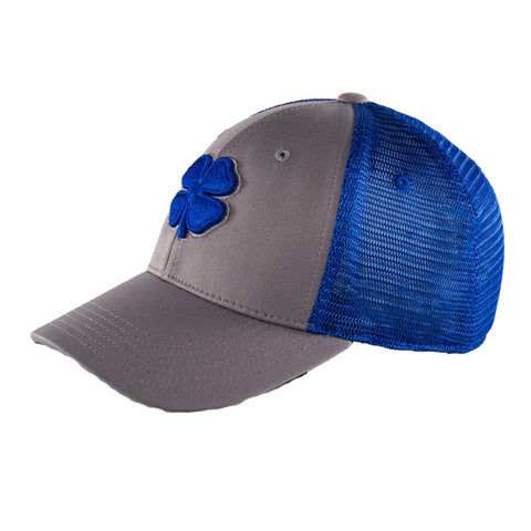 A gray cap with a blue mesh back features an embroidered blue four-leaf clover on the front showcasing a casual and sporty design suitable for outdoor activities.