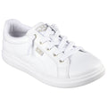 A white sneaker made of smooth leather features white laces and a subtle logo on the side with a textured rubber sole, designed for casual wear and comfort.