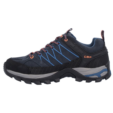 A dark blue and black hiking shoe features orange accents and a textured sole. It is designed for outdoor activities, showcasing a durable build suitable for various terrains.