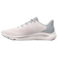 A running shoe features a light grey and white design with mesh detailing for breathability and a cushioned sole for comfort, positioned against a neutral background.