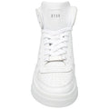 A white high-top sneaker is centered in the image featuring laces and perforated detailing while showing a sleek design against a plain background