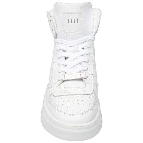 A white high-top sneaker is centered in the image featuring laces and perforated detailing while showing a sleek design against a plain background