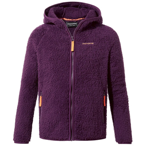 A purple fleece jacket is displayed featuring a hood and front zipper with orange accents in pockets showcasing a soft textured fabric suitable for casual or outdoor wear.