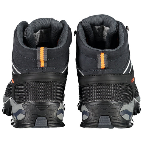 Black and gray hiking shoes are positioned upright showing the back view with a prominent orange stripe and mesh details highlighting their rugged design for outdoor activities