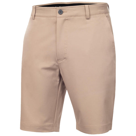 Tan shorts are displayed front-facing featuring a button closure and pockets designed for casual wear in warm weather contexts suitable for outdoor activities or relaxed environments.