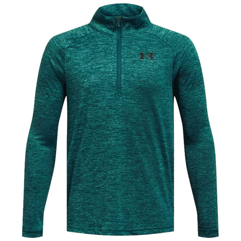 A turquoise long-sleeve athletic shirt features a quarter zip and a textured fabric design with a black logo on the upper left side, suitable for sports or casual wear.