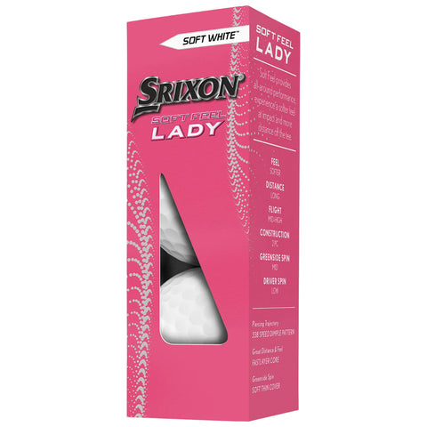 A pink box contains white golf balls designed for women labeled Srixon Soft Feel Lady showcasing features like softer feel distance long and construction 2-piece with various performance specifications on the side.