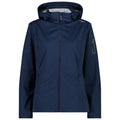 A navy blue jacket is displayed frontally with a high collar and a hood showcasing a zipper and side pockets designed for outdoor use.